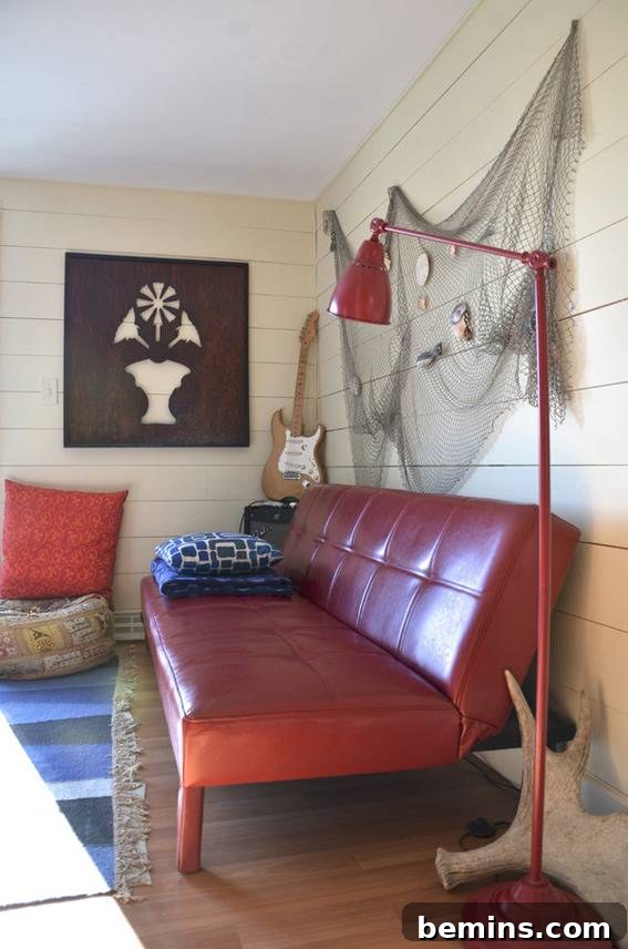 Another view of the front room, highlighting the coastal-inspired decor and relaxed vibe.