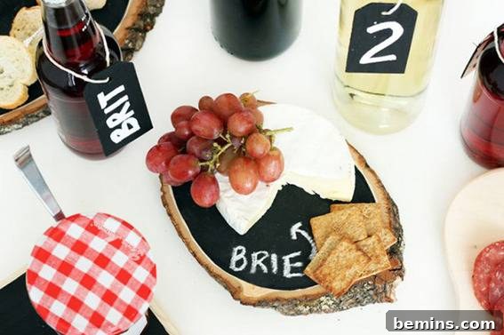 A cheese spread with crackers, jam, and wine on a serving tray