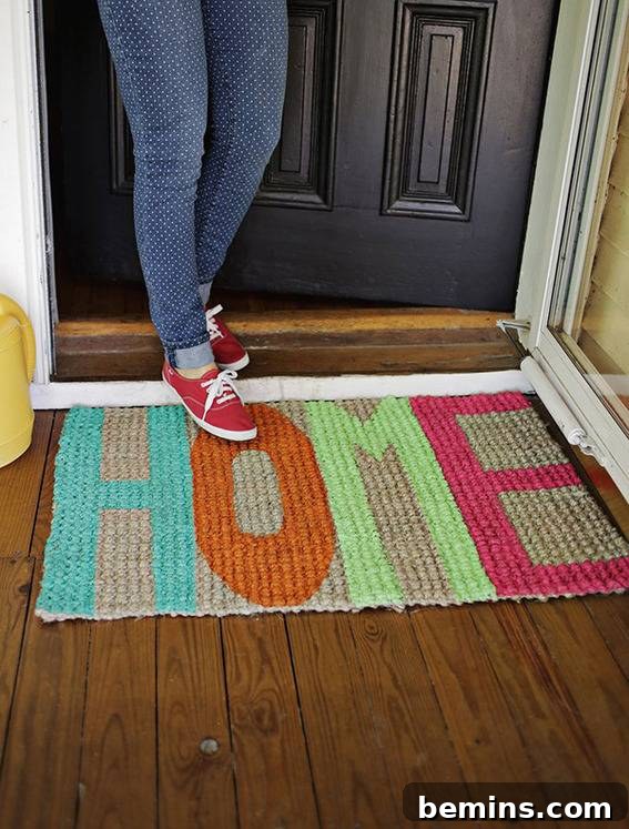 A person wearing tennis shoes stepping onto a HOME welcome mat