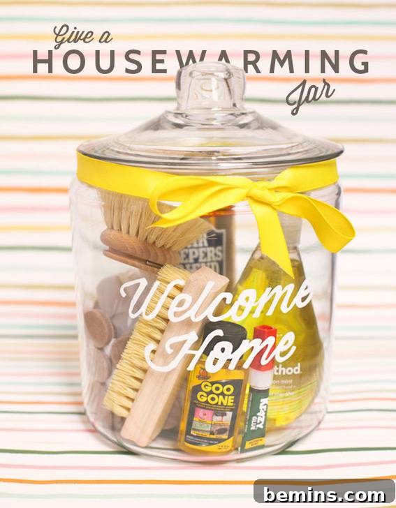 A jar filled with household essentials like scrub brushes, goo gone, and super glue