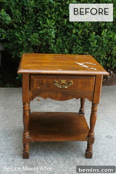 Before: A worn and dirty wooden side table