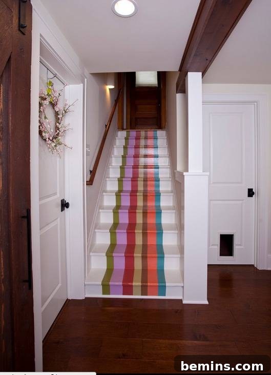 Upstairs with colorful stripes painted on the stairs