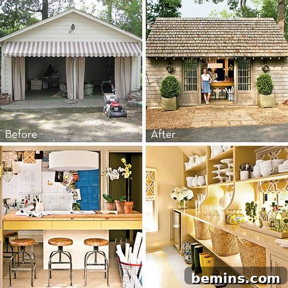 Before and after images of a house exterior and interior
