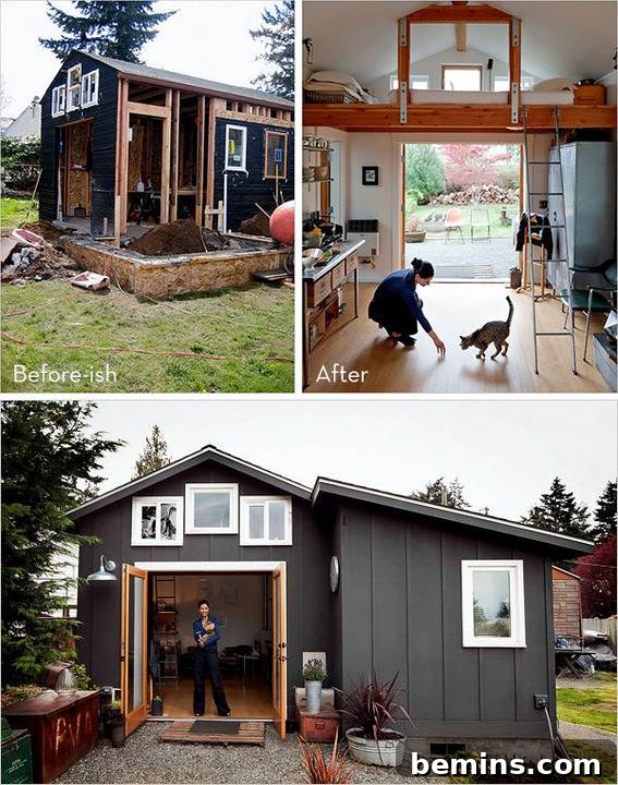 Construction of a tiny home, showcasing how the rooms are set up.