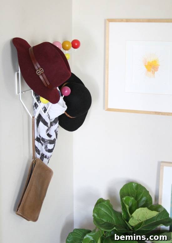 "Hats, wallet and frame is hanging on the wall."