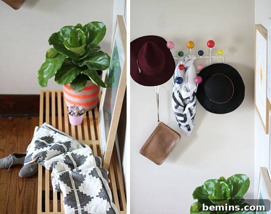 "Entryway with plants,caps and frames."