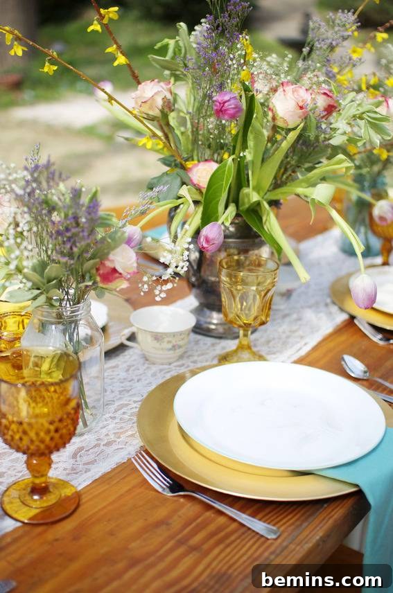 Spring Brunch Table Setting: Drinks, plates, and floral centerpiece.