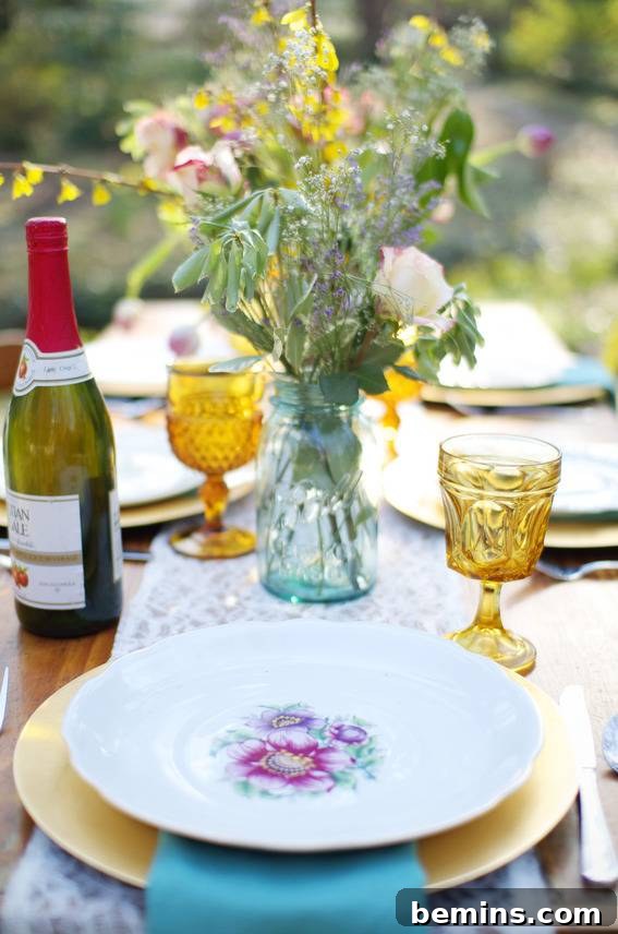 Elegant Spring Brunch Table: Wine, plates, and flowers creating a festive mood.
