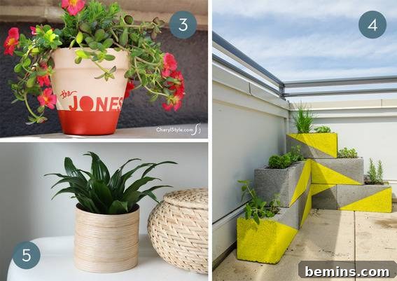 Creative Container Gardening: 10 DIY Planter Ideas 4 A set of colorful and diverse DIY planter designs.