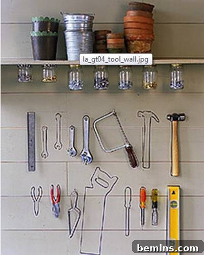 Clever Garage Clean-Up: 10 Straightening Strategies 7 Garage tool wall with tool silhouettes