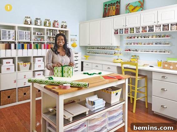 Well-organized craft room featuring a crafter and craft items.