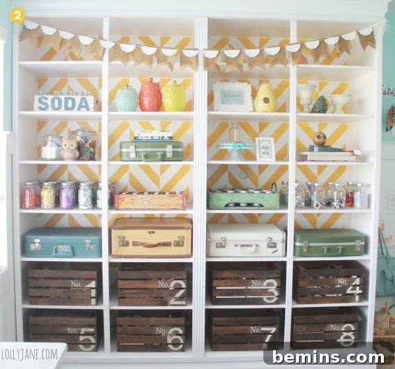 Craft room organization with party liners and a herringbone bookcase.