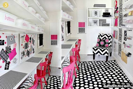 Stylish black, white, and pink craft room interior with chairs and rugs.