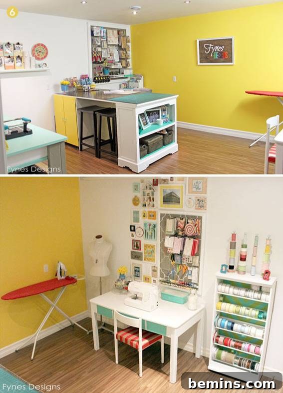 Clean and organized workspace with bright yellow walls and pictures.