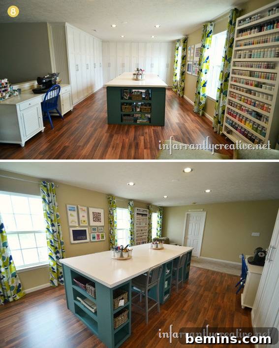 Craft room with a blue kitchen island and a white top.