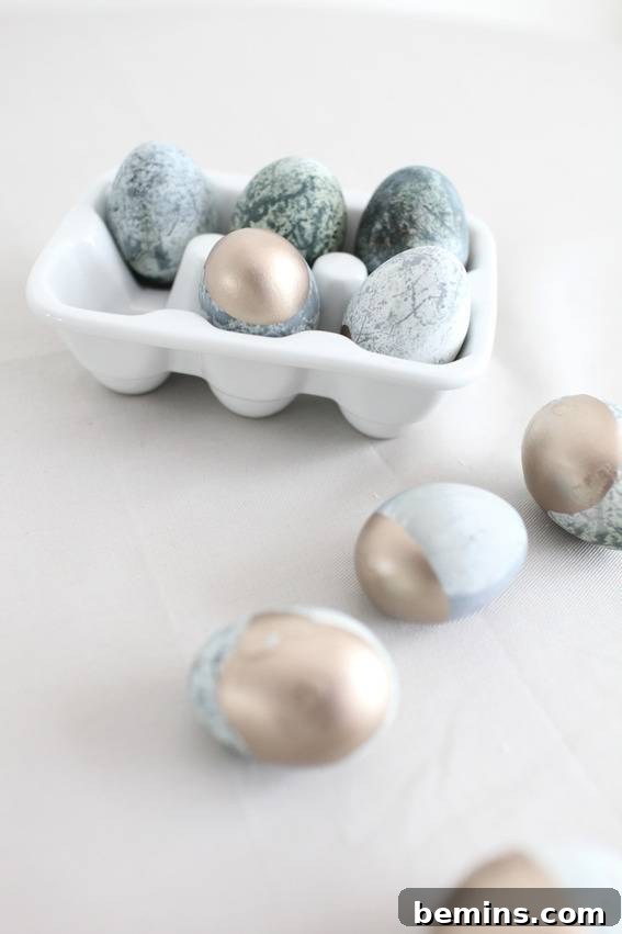 "Easter eggs with golden and silver colorings."