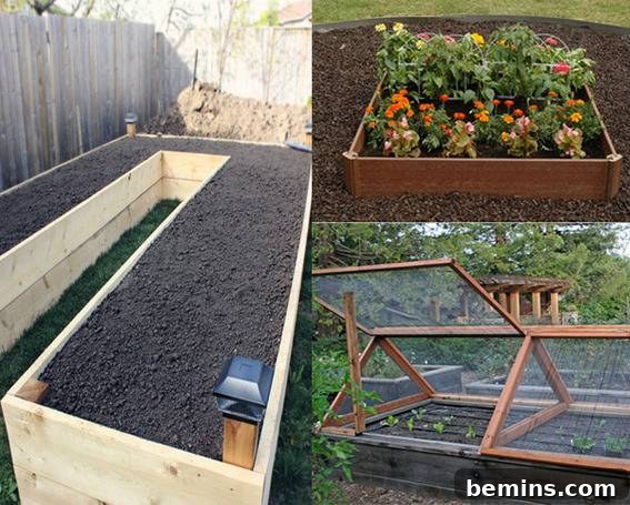 Inspiration image showcasing various raised garden bed designs, highlighting different styles and configurations.