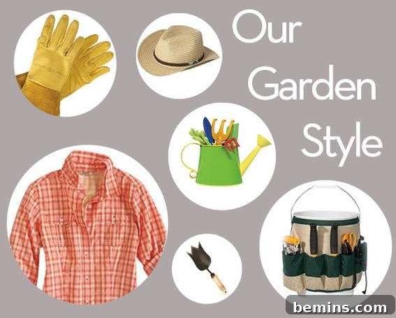 A stylish collage showcasing essential gardening attire and tools, including gloves, boots, and gardening implements.