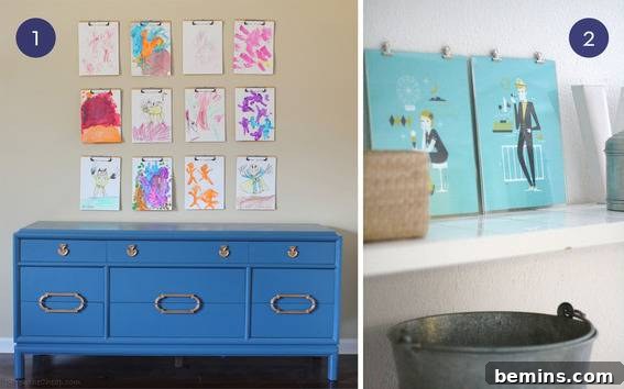 Gallery wall of clipboards for displaying art and photos