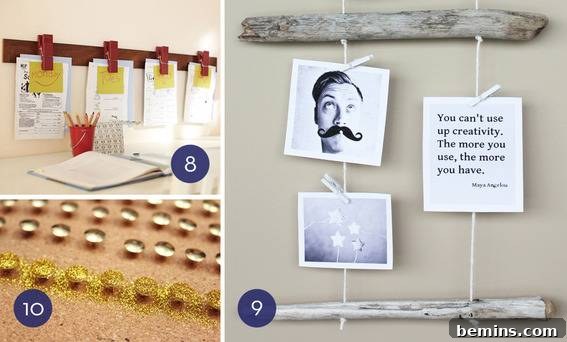 Photos and art displayed without frames using clothespins on wood