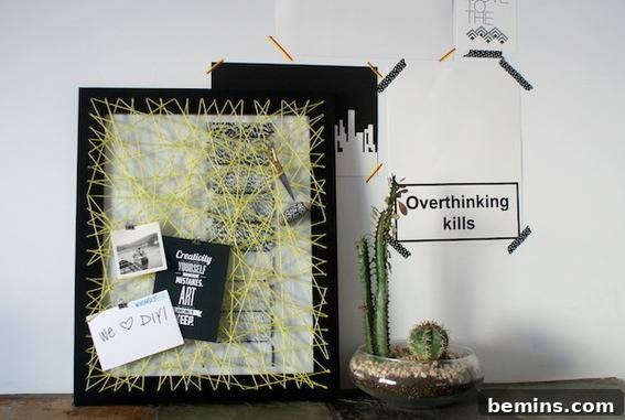 Yarn memo board with strings and inspirational quotes