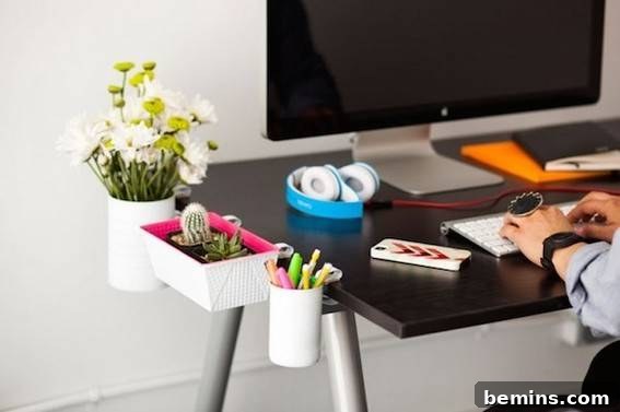 Desk with clip-on organizers holding office supplies