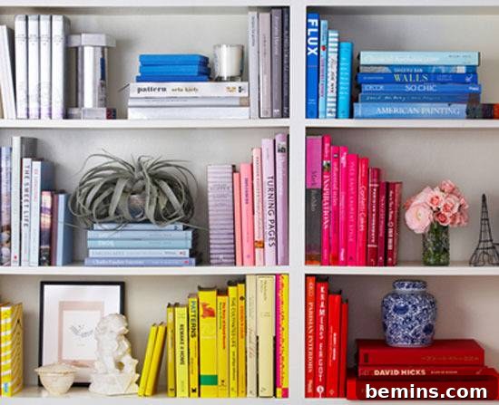 Books arranged by color.