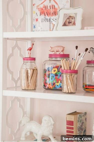 Recycled jars with painted lids.