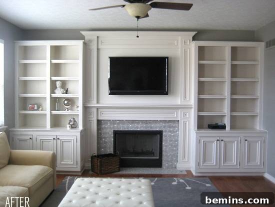 Wall of built-in shelving. Provides ample storage and a clean, modern look.