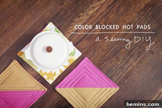 Three colorful hot pads are shown with one pot on them.