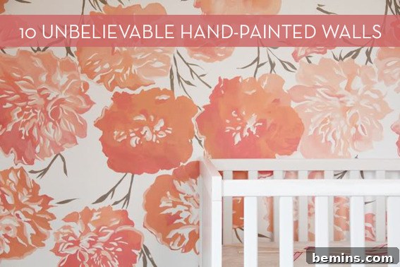Exquisite hand-painted wall featuring floral design.