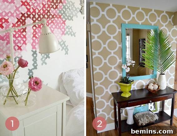 Creative bedroom wall with a cross-stitch inspired paint design.