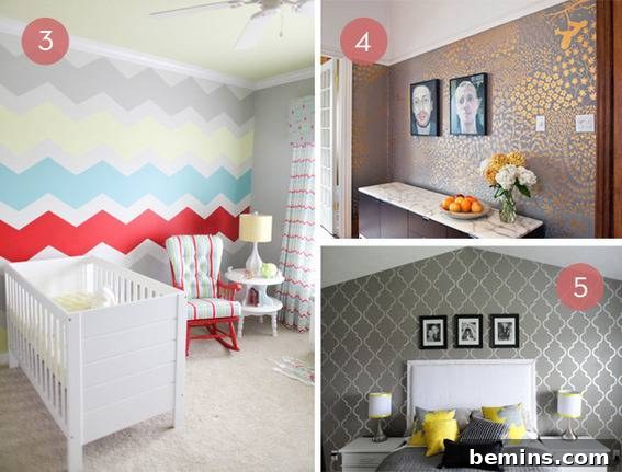 DIY hand-painted wall with a large-scale chevron pattern using multiple colors.