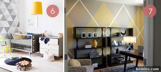 Geometric hand-painted wall with triangles and argyle designs.