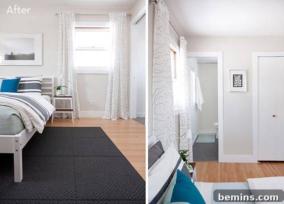 Scandinavian Sanctuary: Bedroom and Bath Transformation 18 A bed sitting on a dark rug in a white bedroom, highlighting the room's color contrast.