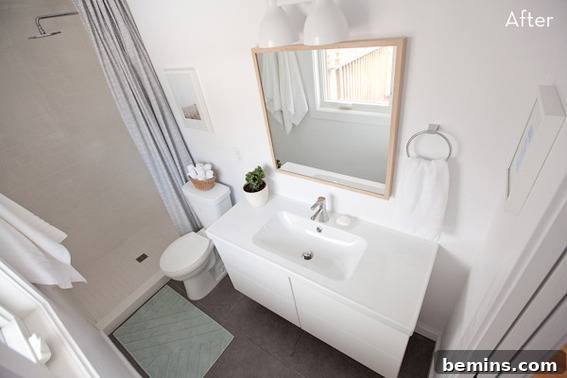 Scandinavian Sanctuary: Bedroom and Bath Transformation 19 An Inspiring Scandinavian Bathroom with White Color Looks Attractive.