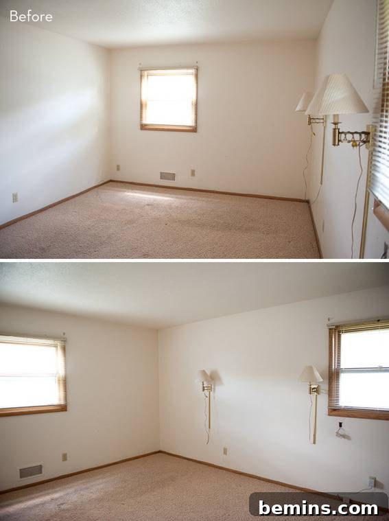 Scandinavian Sanctuary: Bedroom and Bath Transformation 3 The bedroom before the makeover, featuring multiple windows and bare walls.