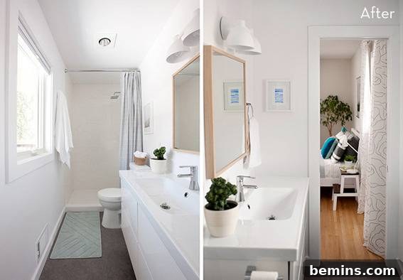 Scandinavian Sanctuary: Bedroom and Bath Transformation 21 A collage shows two different bathrooms, before and after the renovation.