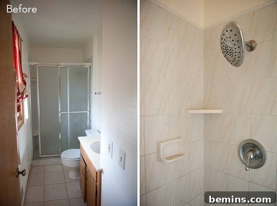 Scandinavian Sanctuary: Bedroom and Bath Transformation 4 The original bathroom with a glass door shower.
