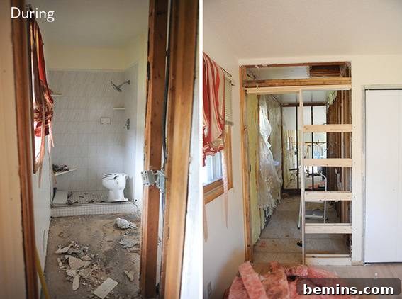 Scandinavian Sanctuary: Bedroom and Bath Transformation 6 A messy bathroom and bedroom used for storage during renovations.