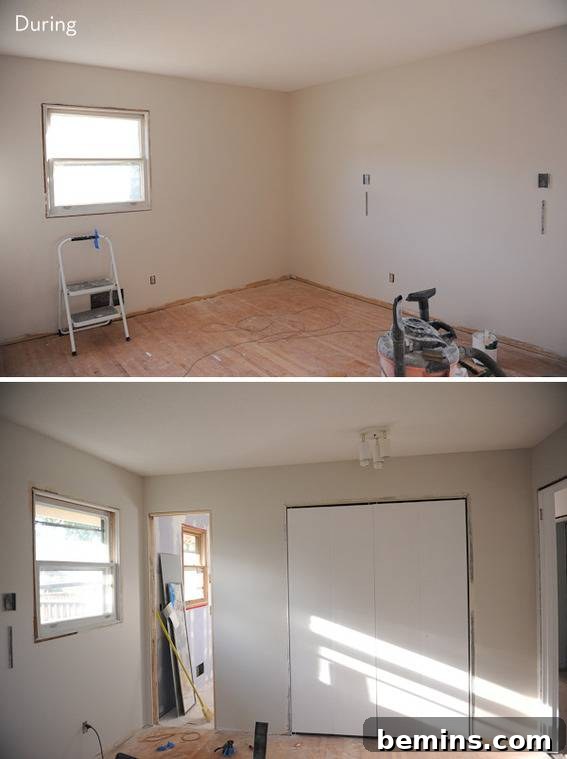 Scandinavian Sanctuary: Bedroom and Bath Transformation 8 The process of renovating the bedroom, showing the removal of old materials.