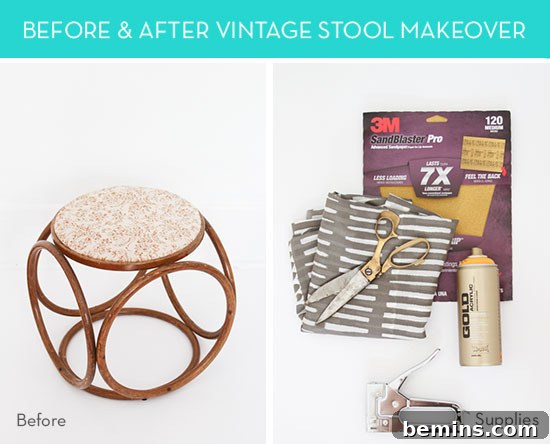 Vintage Footstool Transformation: A Stylish Redo 2 Vintage stool with materials for updating the cushion, including fabric, scissors, a staple gun, and sandpaper.