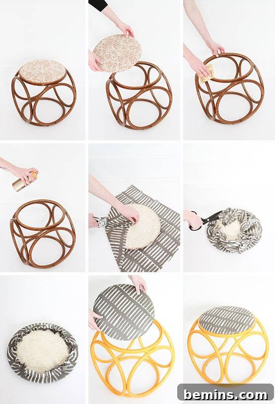 Vintage Footstool Transformation: A Stylish Redo 5 Funky vintage footstool makeover steps showing ropes and fabrics.