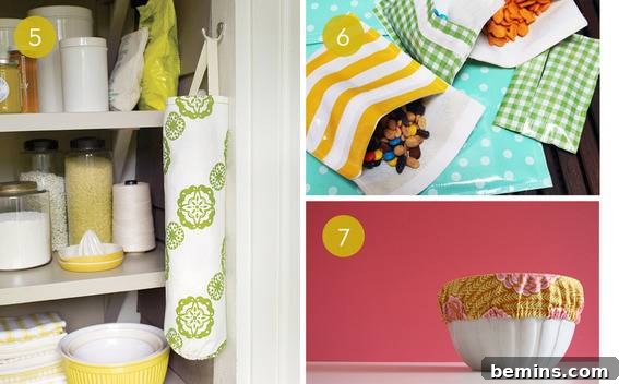 Sewing Magic: 7 DIY Kitchen Upgrades 5 Handmade fabric plastic bag organizer hanging in a kitchen
