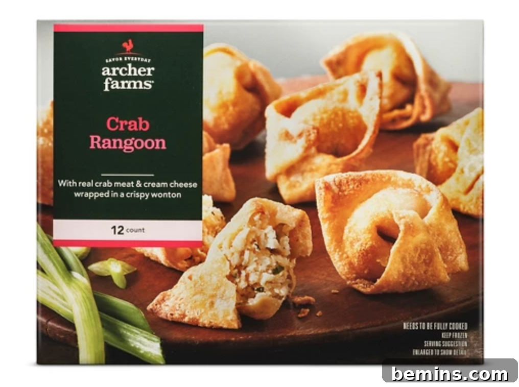 Archer Farms Crab Rangoon arranged on a brown platter, showcasing the golden-brown wontons and creamy filling