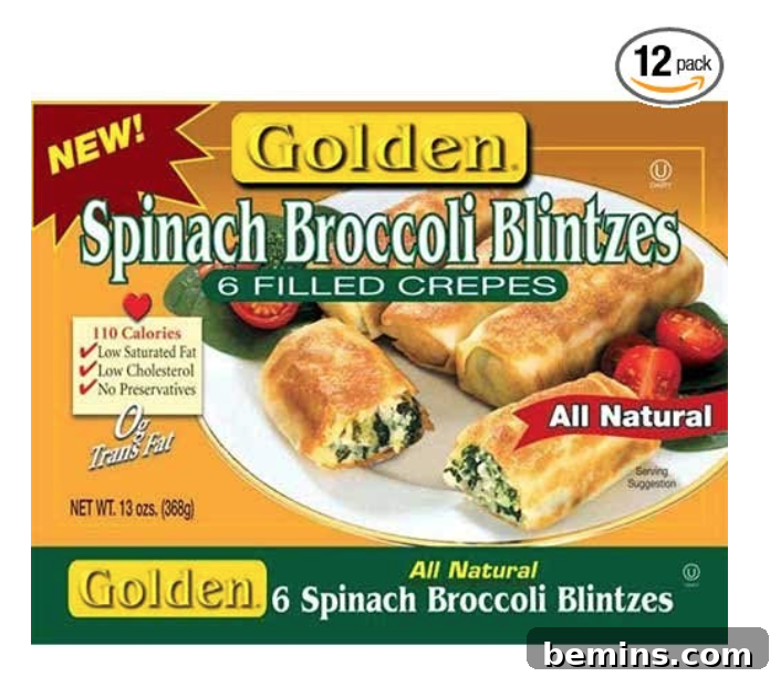 A package of Golden Spinach and Broccoli Blintzes, showcasing the savory filling and golden-brown exterior