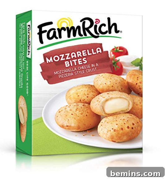 A box of Farm Rich Mozzarella Bites, highlighting the crispy breading and melted mozzarella cheese inside