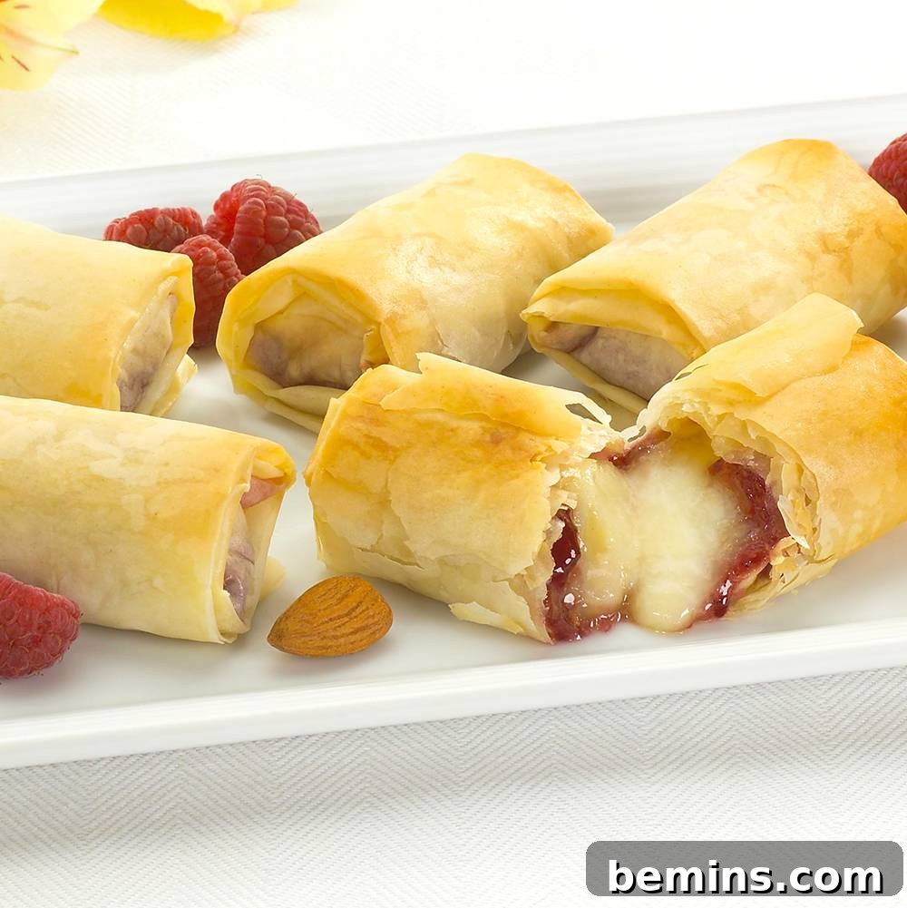 Close-up of Brie and Raspberry Fillo Rolls, showcasing the flaky pastry and delicious filling