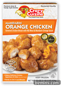 A box of Crazy Cuizine Mandarin Orange Chicken with a plate of orange chicken on the front, highlighting the vibrant colors and appetizing presentation