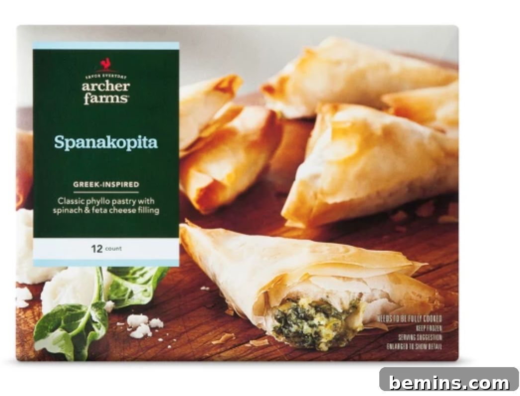 Archer Farms Spanakopita displayed on a wooden table, showcasing the flaky layers and spinach filling